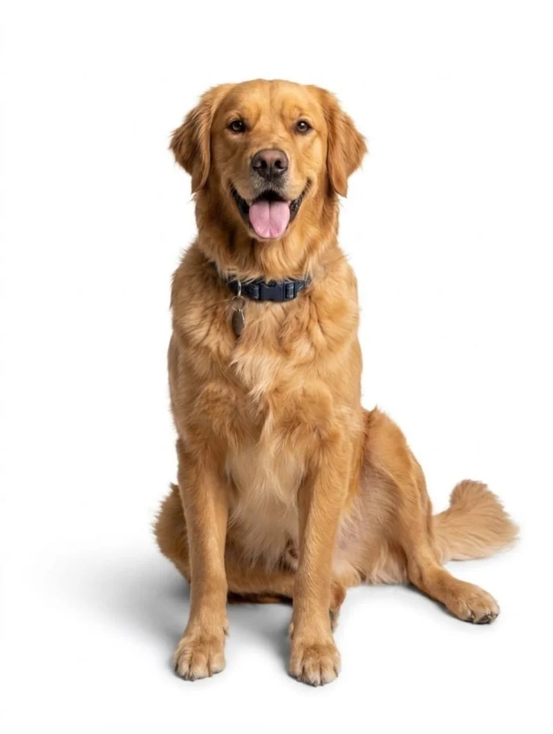 Ginger, Anna's Golden Retriever, sitting with a happy smile