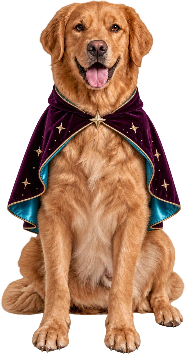 Ginger, our golden Halloween host, wearing a starry purple cape